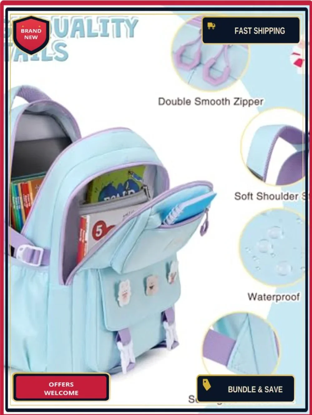 Girls School Backpack Set with Lunch Box and Pencil Case, Waterproof Nylon,